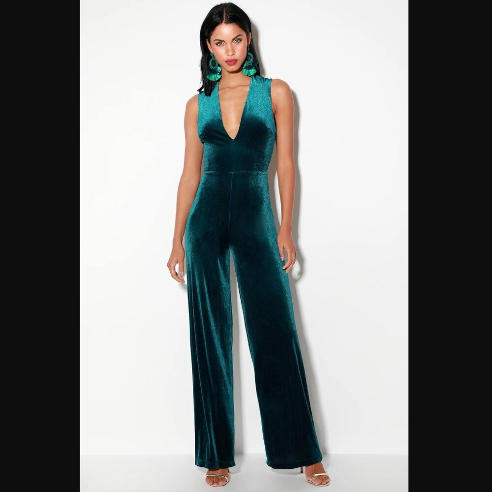 Lulus Dark Teal Velvet Backless Jumpsuit XS/S